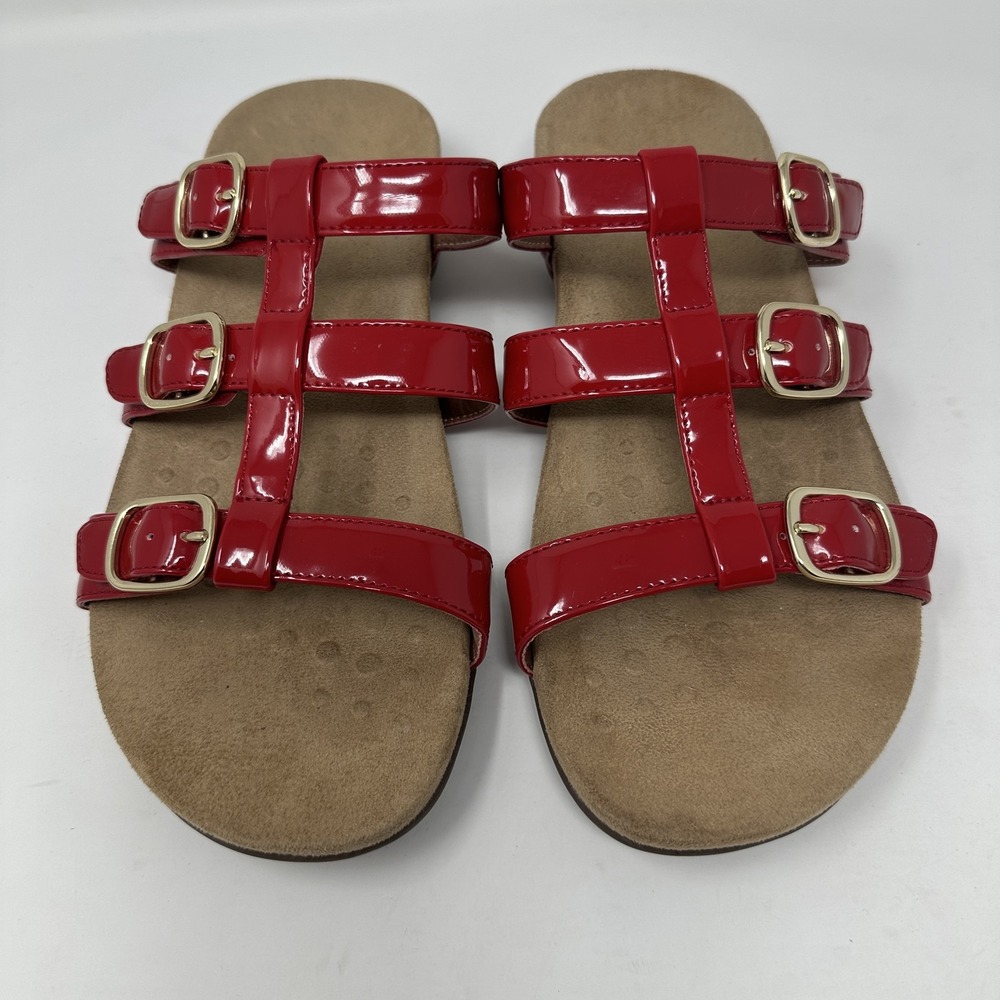 Vionic Shoes Womens Size 10‎ Wide Red Patent Slide Sandals Comfort Buckle Straps